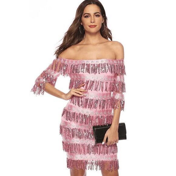 💗✨ 6PCS 1920s Great Gatsby Flapper Pink Sequin Dress & Accessories Set XL NEW - Picture 2 of 16